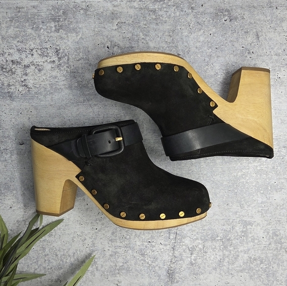 Veronica Beard | Dacey Black Suede Buckle Strap Clogs Nailhead Stud Trim Size 8 - Picture 1 of 13
